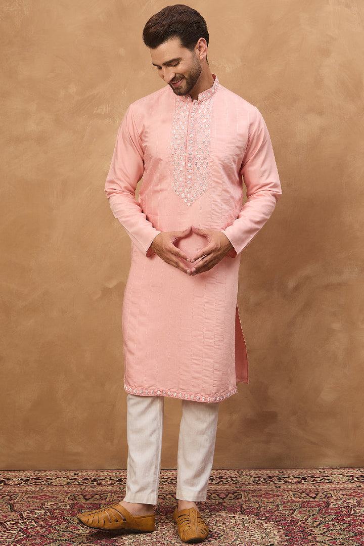 Peach Silk Blend Solid Solid Straight Kurta With Pant Set|SHOBITAM