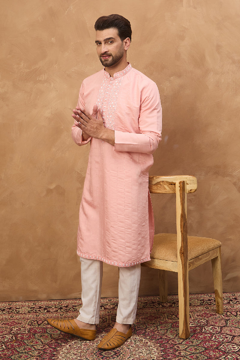 Peach Silk Blend Solid Solid Straight Kurta With Pant Set|SHOBITAM
