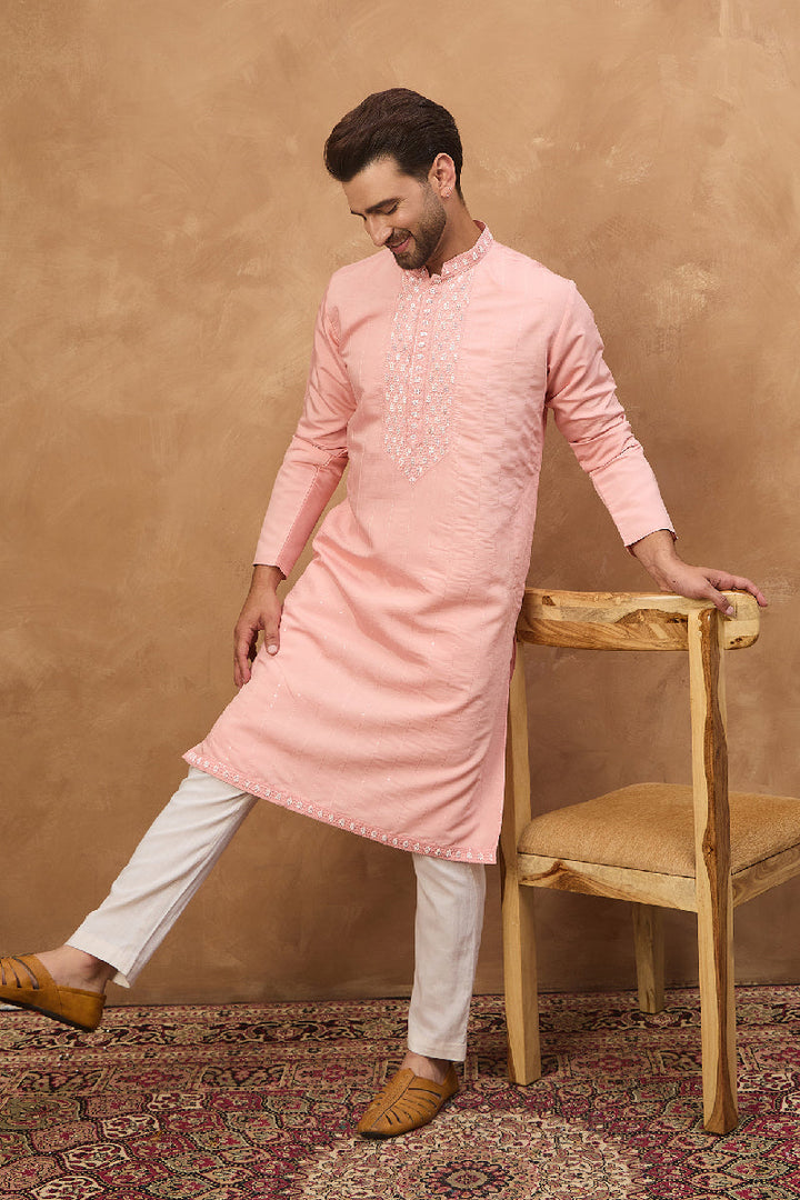 Peach Silk Blend Solid Solid Straight Kurta With Pant Set|SHOBITAM