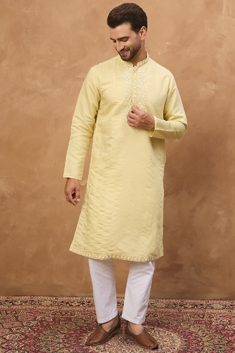 Yellow Silk Blend Solid Embroidered Straight Kurta With Pant Set | SHOBITAM