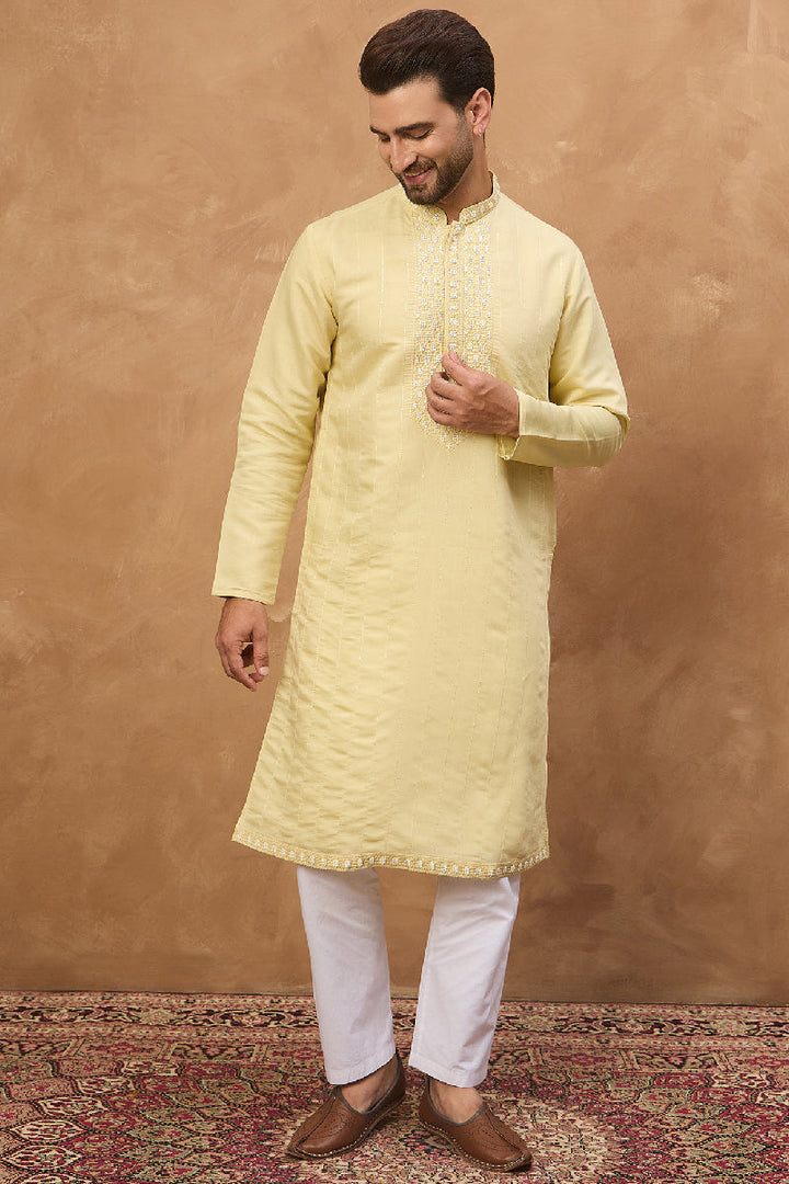 Yellow Silk Blend Solid Embroidered Straight Kurta With Pant Set | SHOBITAM