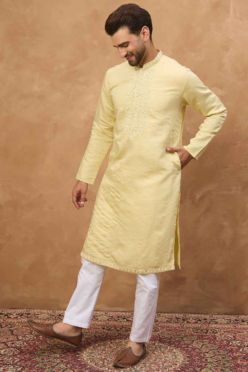 Yellow Silk Blend Solid Embroidered Straight Kurta With Pant Set | SHOBITAM
