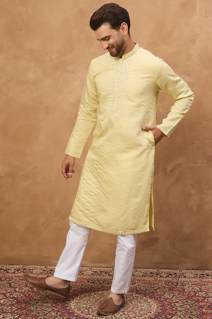 Yellow Silk Blend Solid Embroidered Straight Kurta With Pant Set | SHOBITAM