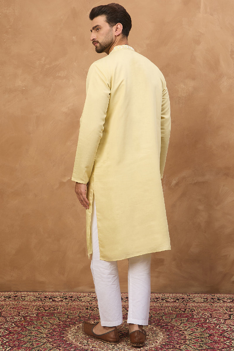 Yellow Silk Blend Solid Embroidered Straight Kurta With Pant Set | SHOBITAM