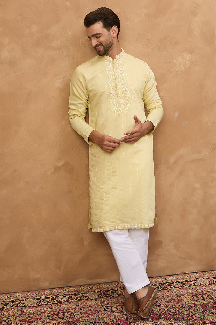 Yellow Silk Blend Solid Embroidered Straight Kurta With Pant Set | SHOBITAM
