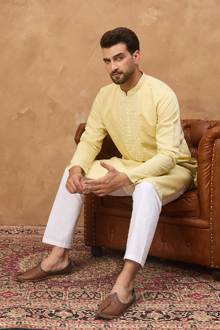 Yellow Silk Blend Solid Embroidered Straight Kurta With Pant Set | SHOBITAM