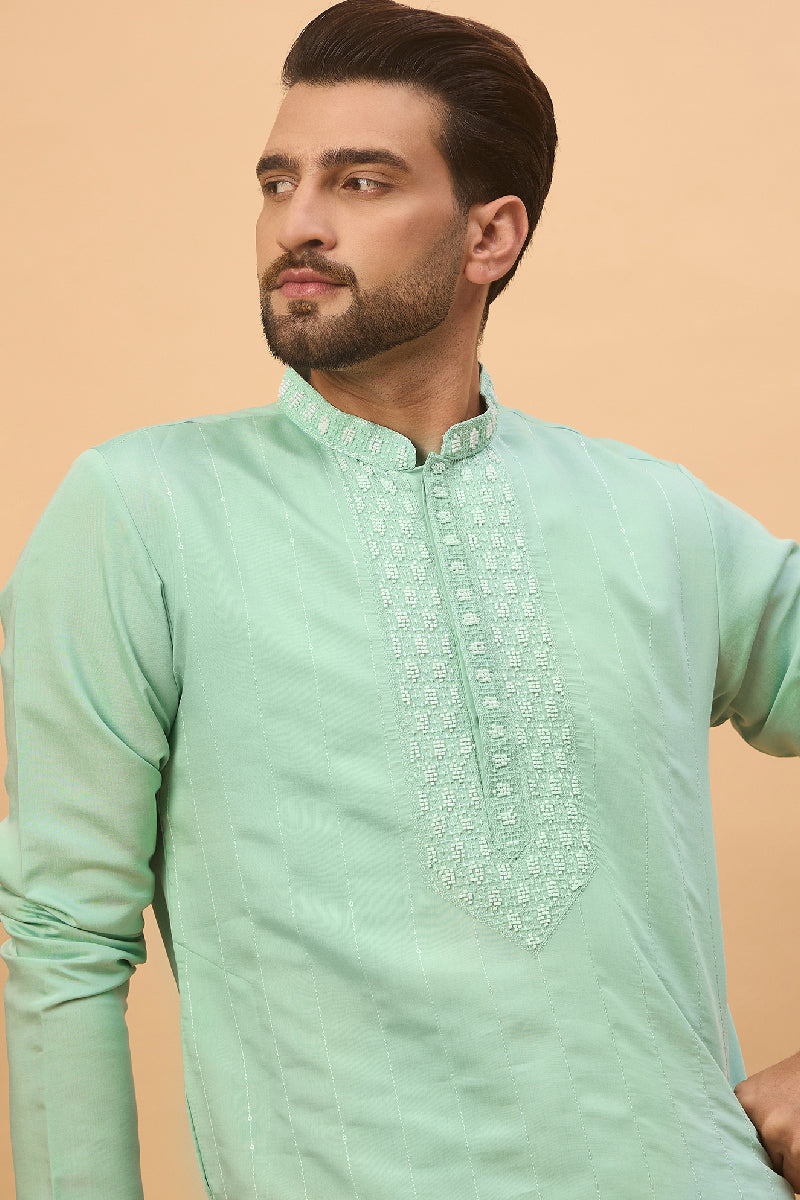 Blue Silk Blend Solid Embroidered Straight Kurta With Pant Set | SHOBITAM