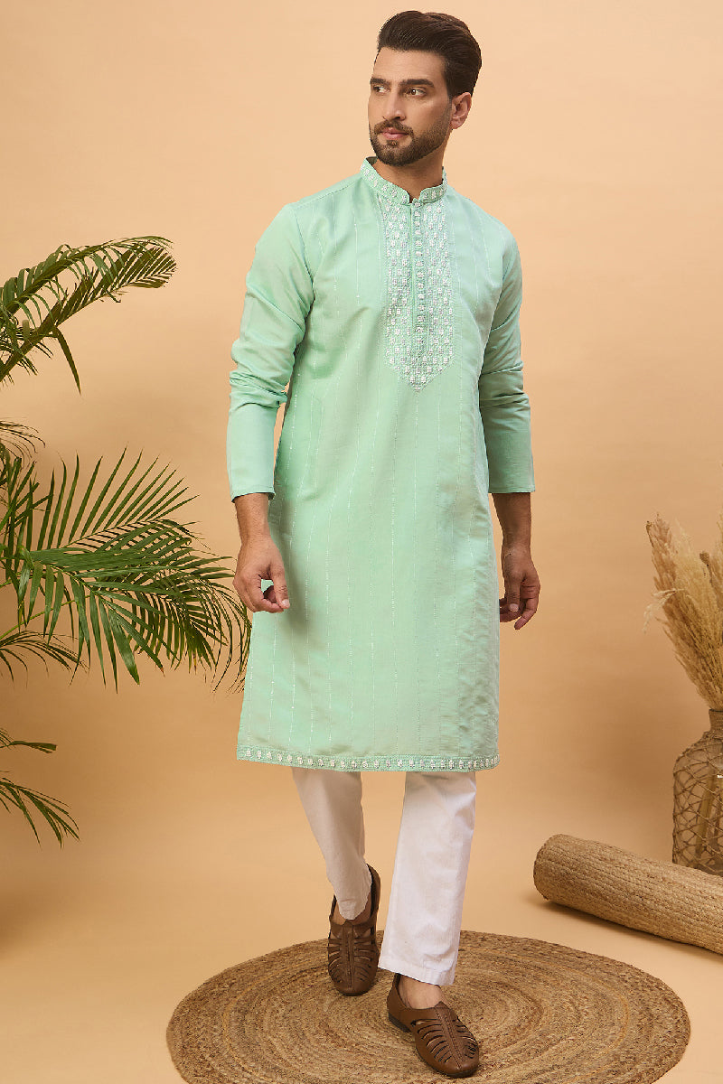 Blue Silk Blend Solid Embroidered Straight Kurta With Pant Set | SHOBITAM