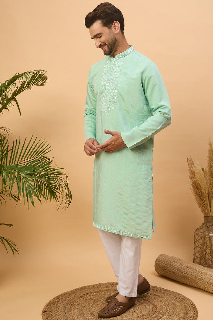 Blue Silk Blend Solid Embroidered Straight Kurta With Pant Set | SHOBITAM