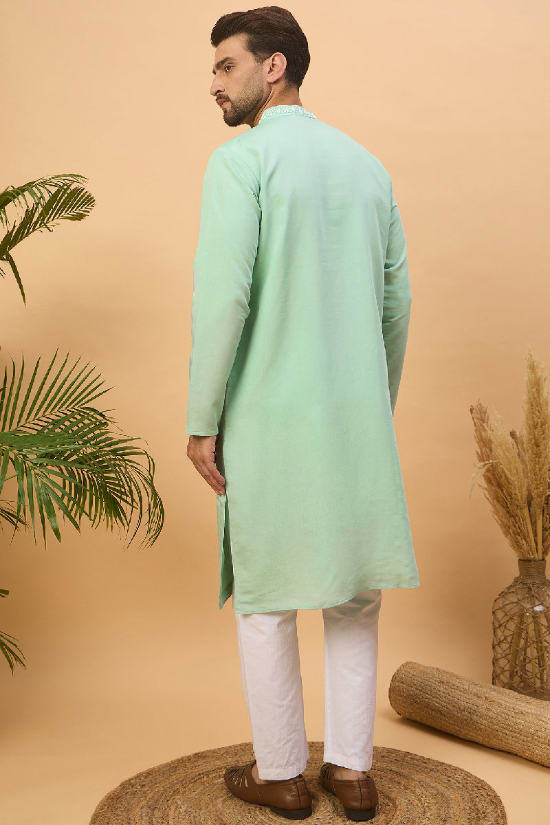 Blue Silk Blend Solid Embroidered Straight Kurta With Pant Set | SHOBITAM