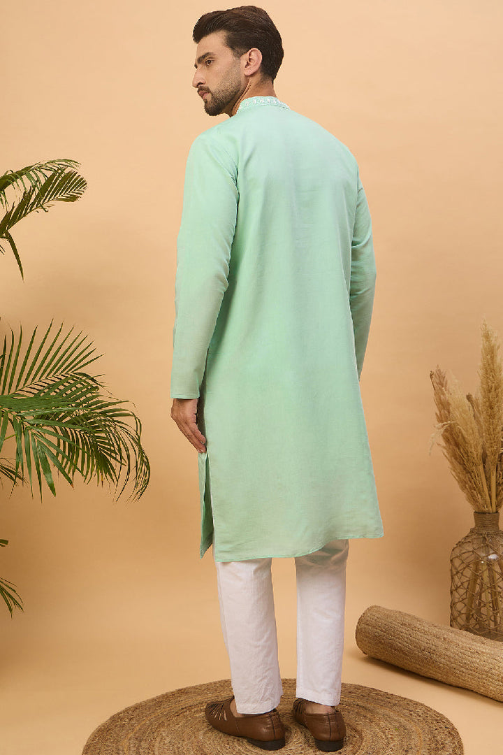 Blue Silk Blend Solid Embroidered Straight Kurta With Pant Set | SHOBITAM