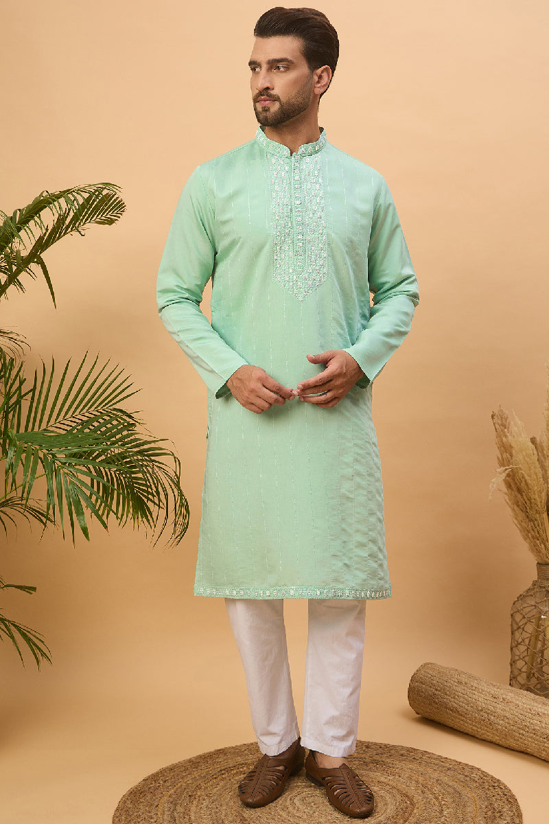 Blue Silk Blend Solid Embroidered Straight Kurta With Pant Set | SHOBITAM