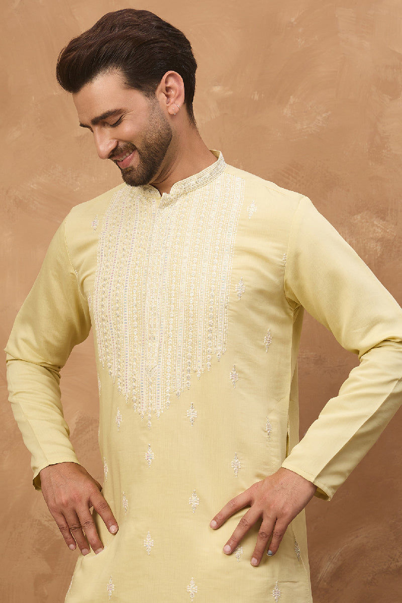 Yellow Silk Blend Solid Embroidered Straight Kurta With Pant Set | SHOBITAM
