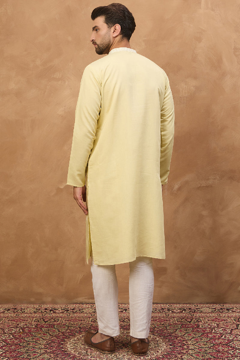 Yellow Silk Blend Solid Embroidered Straight Kurta With Pant Set | SHOBITAM