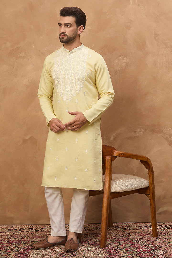 Yellow Silk Blend Solid Embroidered Straight Kurta With Pant Set | SHOBITAM