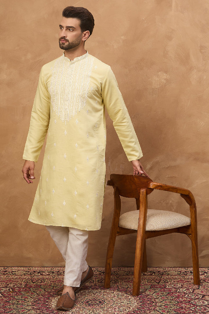 Yellow Silk Blend Solid Embroidered Straight Kurta With Pant Set | SHOBITAM