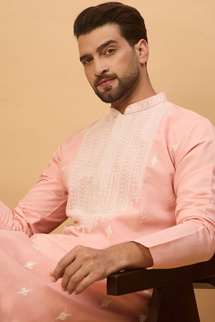 Peach Silk Blend Solid Embroidered Straight Kurta  | SHOBITAM