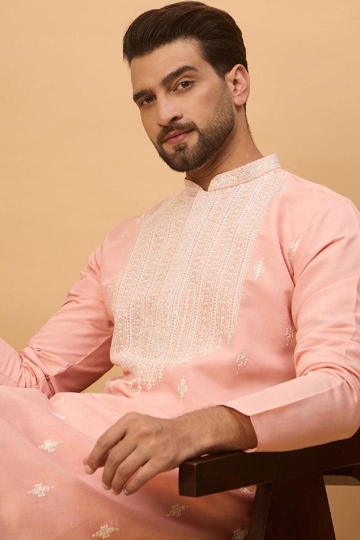 Peach Silk Blend Solid Embroidered Straight Kurta With Pant Set | SHOBITAM