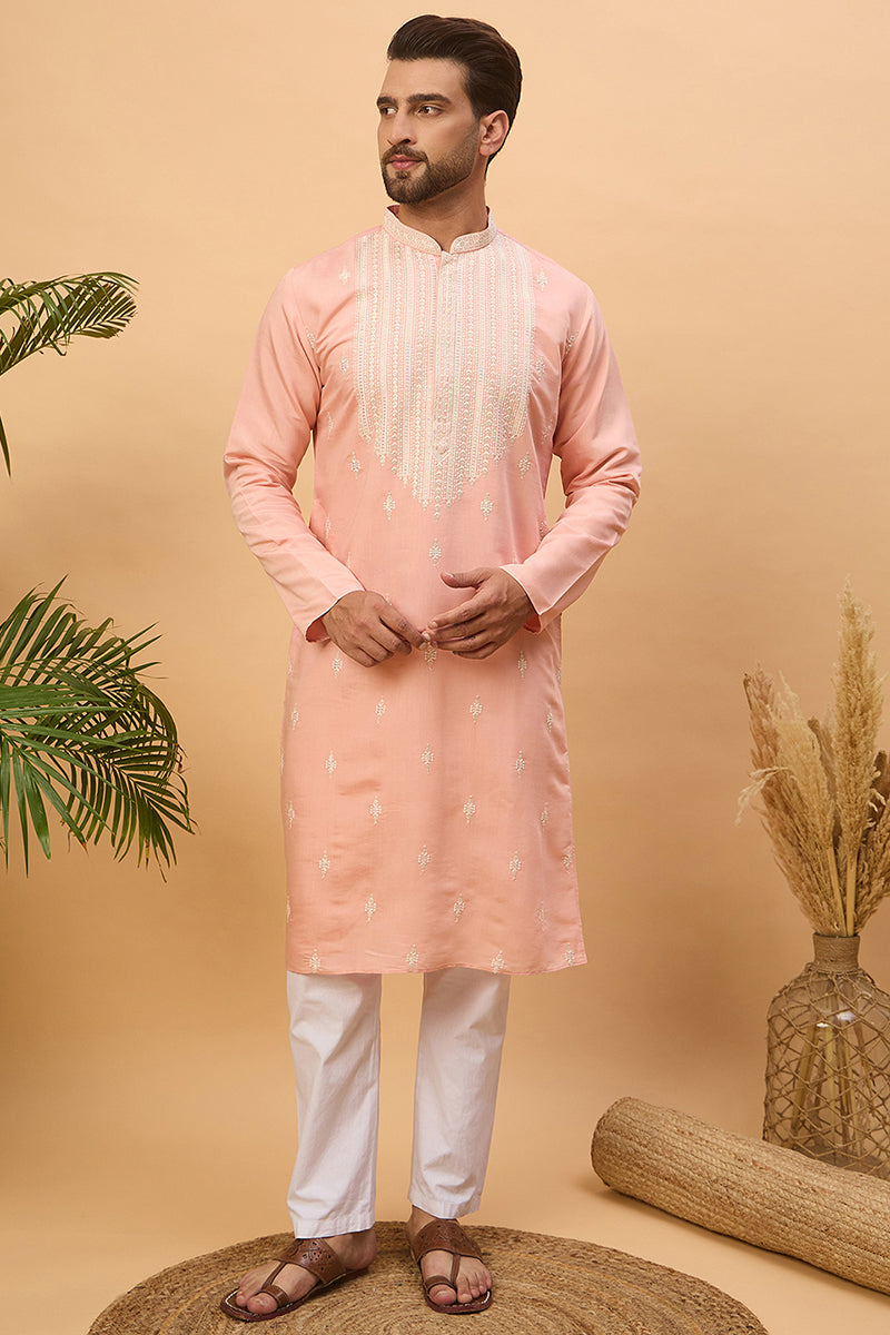 Peach Silk Blend Solid Embroidered Straight Kurta  | SHOBITAM