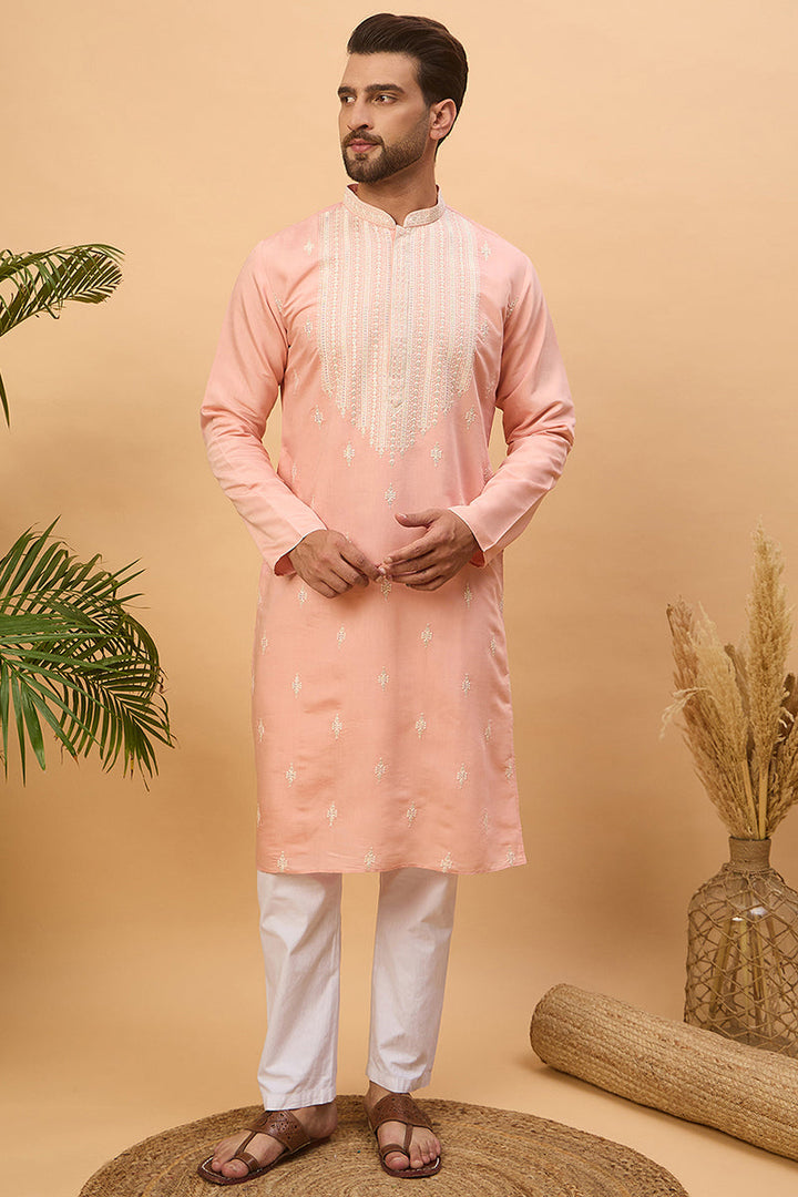 Peach Silk Blend Solid Embroidered Straight Kurta  | SHOBITAM