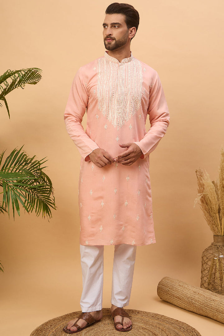 Peach Silk Blend Solid Embroidered Straight Kurta With Pant Set | SHOBITAM