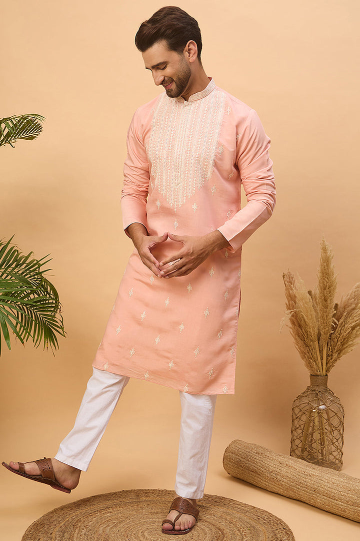 Peach Silk Blend Solid Embroidered Straight Kurta  | SHOBITAM