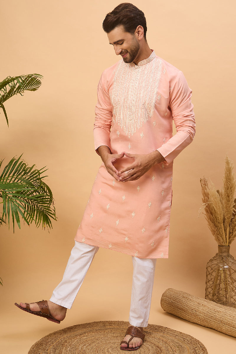 Peach Silk Blend Solid Embroidered Straight Kurta With Pant Set | SHOBITAM