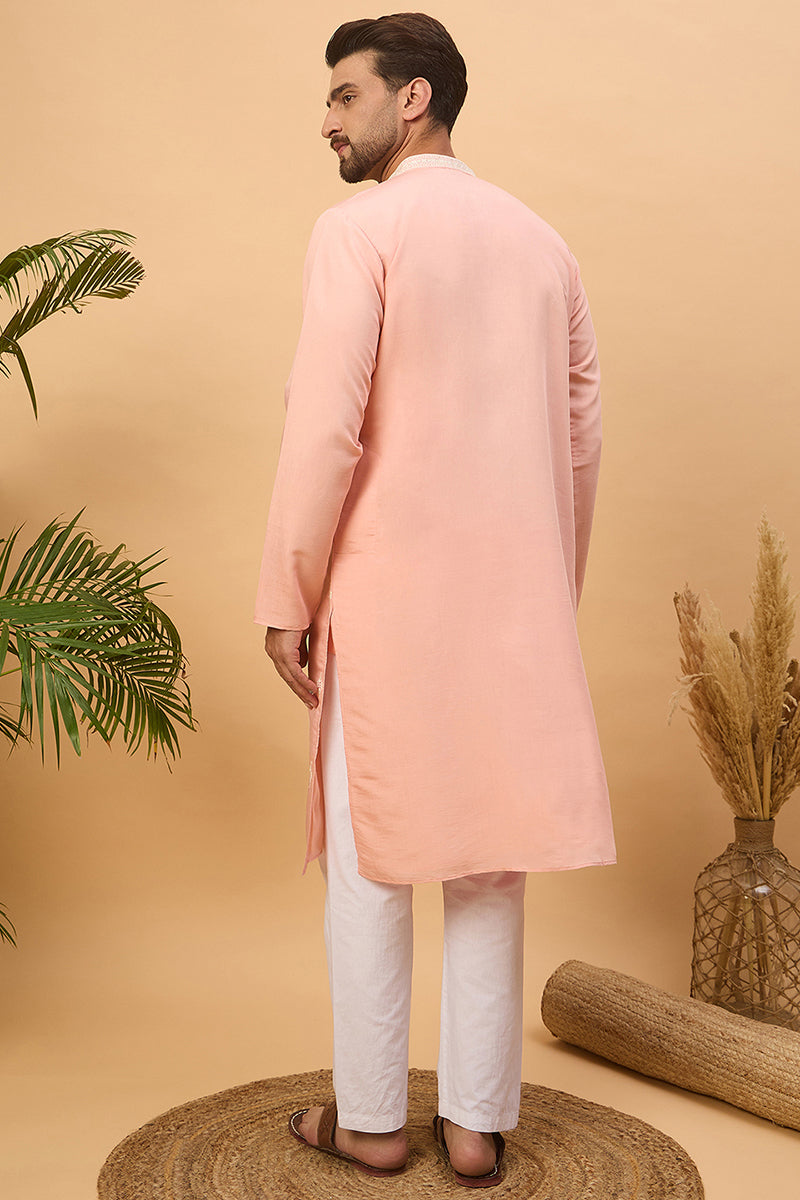 Peach Silk Blend Solid Embroidered Straight Kurta  | SHOBITAM
