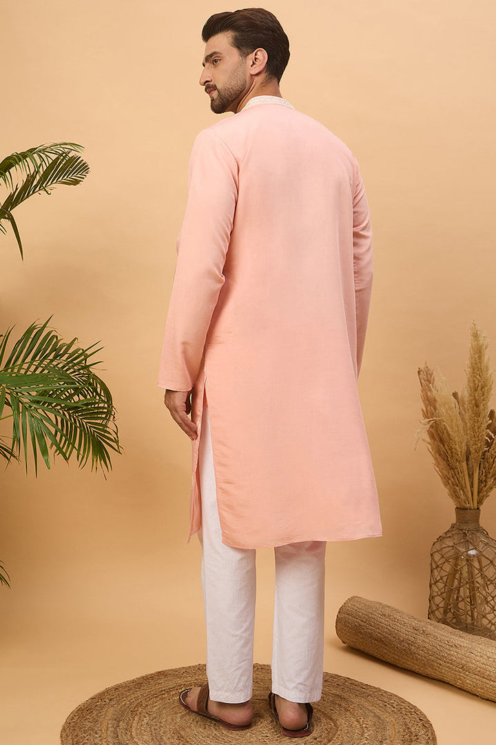 Peach Silk Blend Solid Embroidered Straight Kurta  | SHOBITAM