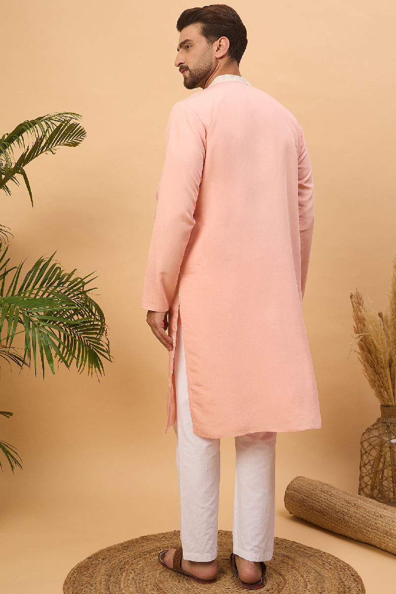 Peach Silk Blend Solid Embroidered Straight Kurta With Pant Set | SHOBITAM