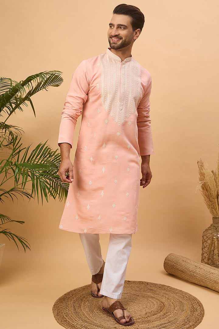 Peach Silk Blend Solid Embroidered Straight Kurta  | SHOBITAM