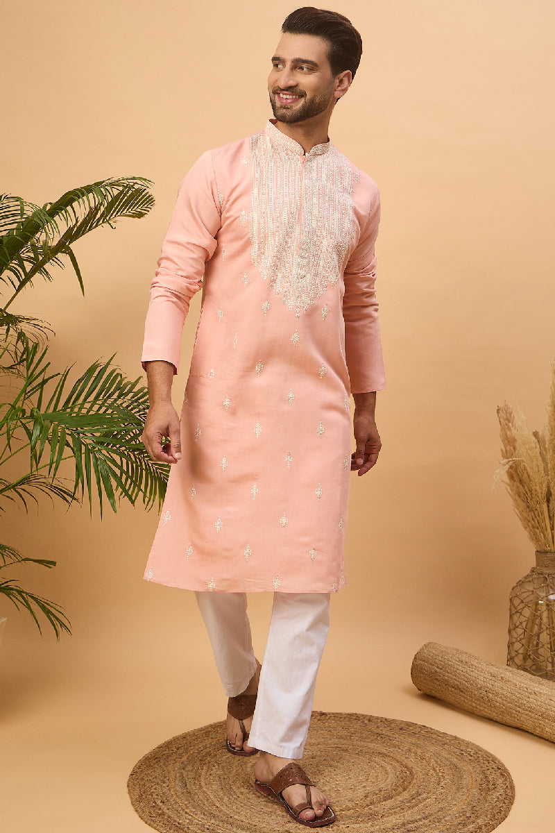 Peach Silk Blend Solid Embroidered Straight Kurta With Pant Set | SHOBITAM