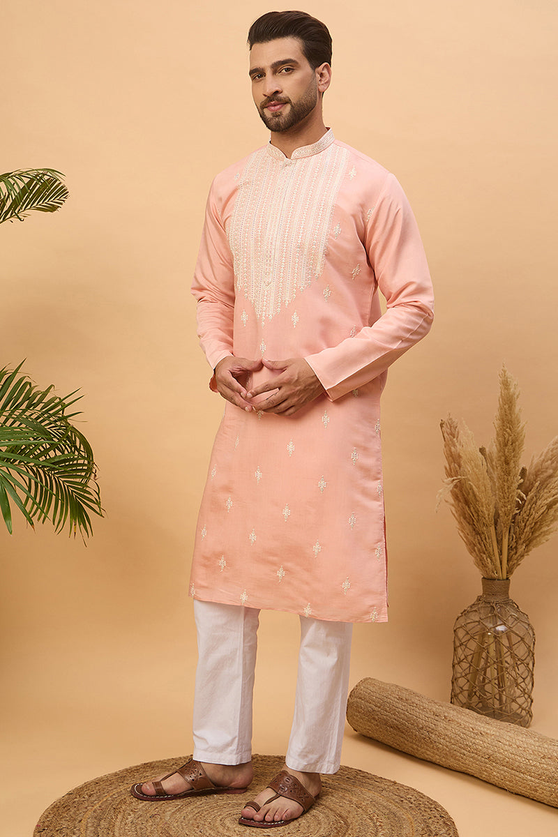 Peach Silk Blend Solid Embroidered Straight Kurta  | SHOBITAM