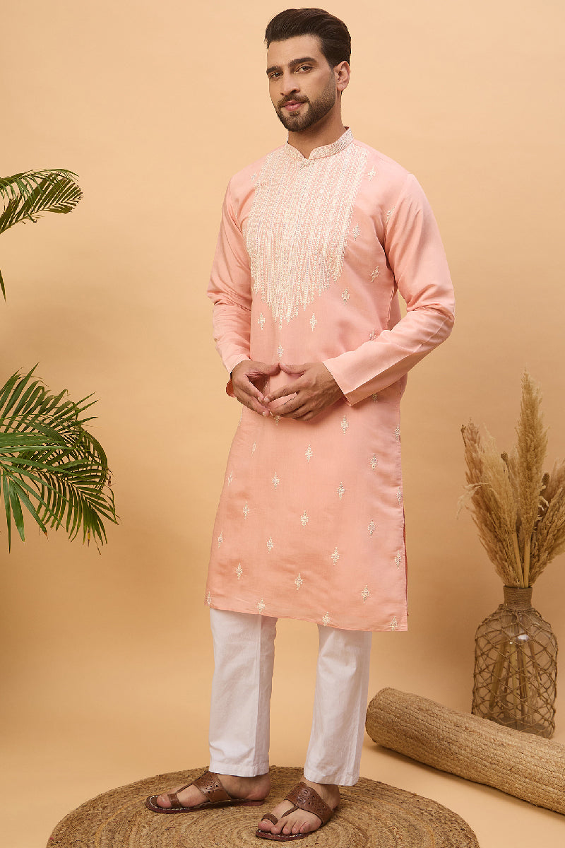 Peach Silk Blend Solid Embroidered Straight Kurta With Pant Set | SHOBITAM