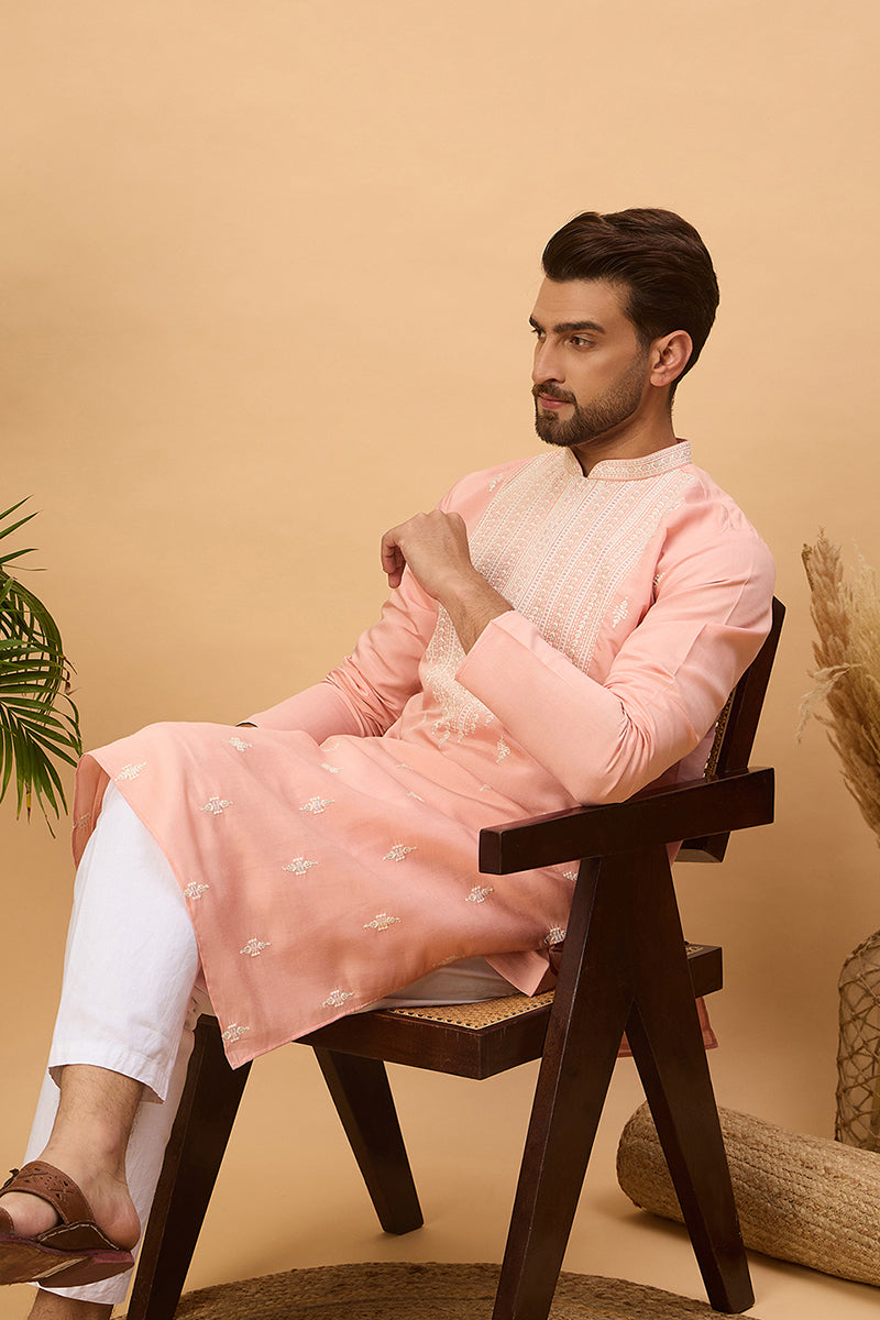 Peach Silk Blend Solid Embroidered Straight Kurta  | SHOBITAM