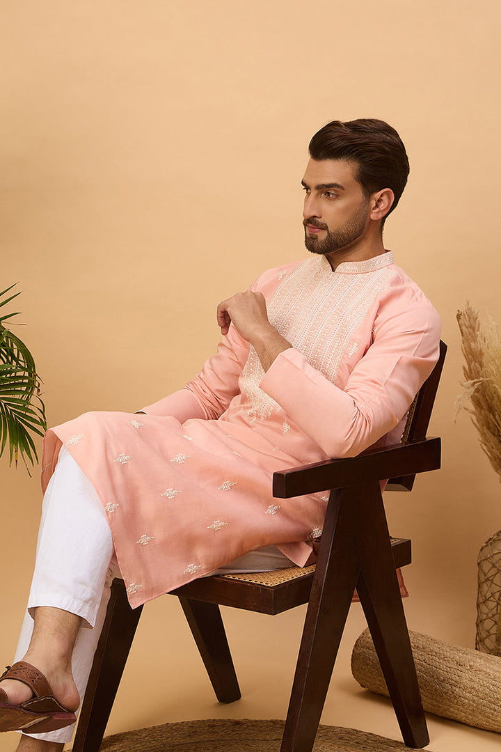 Peach Silk Blend Solid Embroidered Straight Kurta  | SHOBITAM
