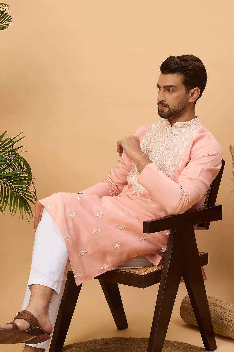 Peach Silk Blend Solid Embroidered Straight Kurta With Pant Set | SHOBITAM