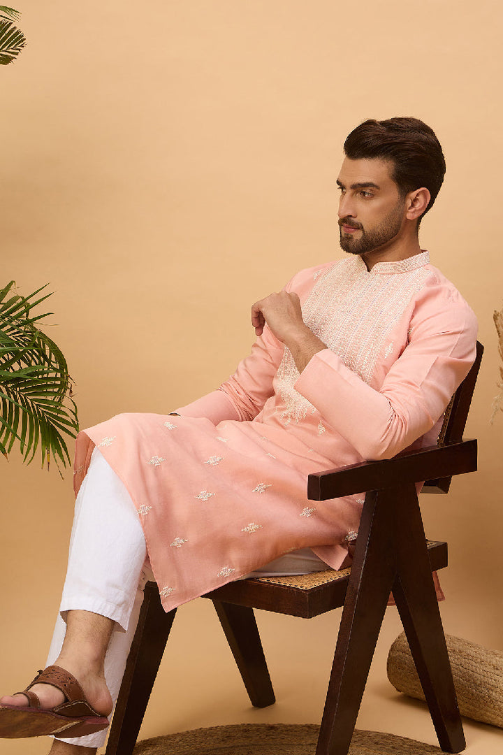 Peach Silk Blend Solid Embroidered Straight Kurta With Pant Set | SHOBITAM