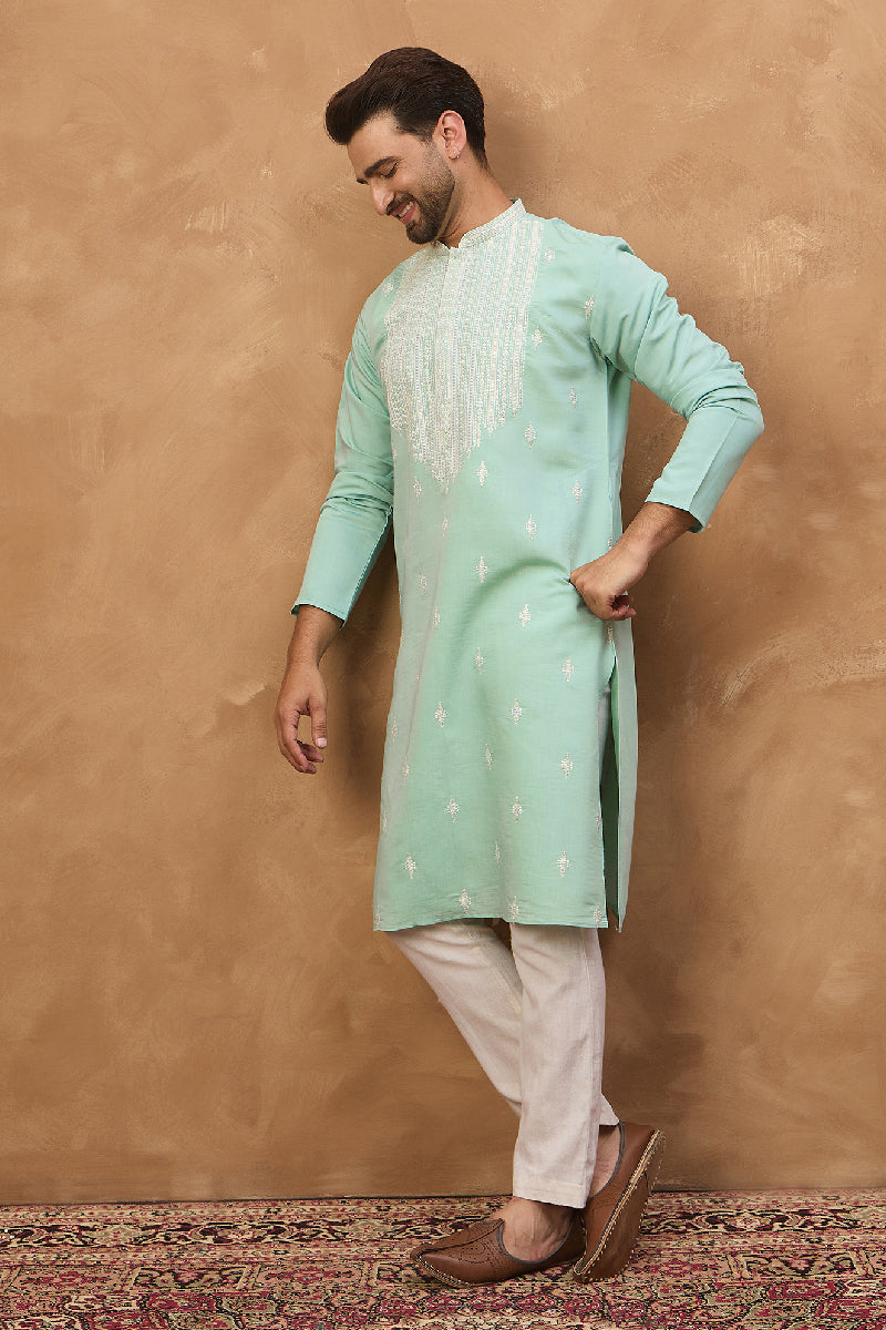 Blue Silk Blend Solid Embroidered Straight Kurta With Pant Set |SHOBITAM