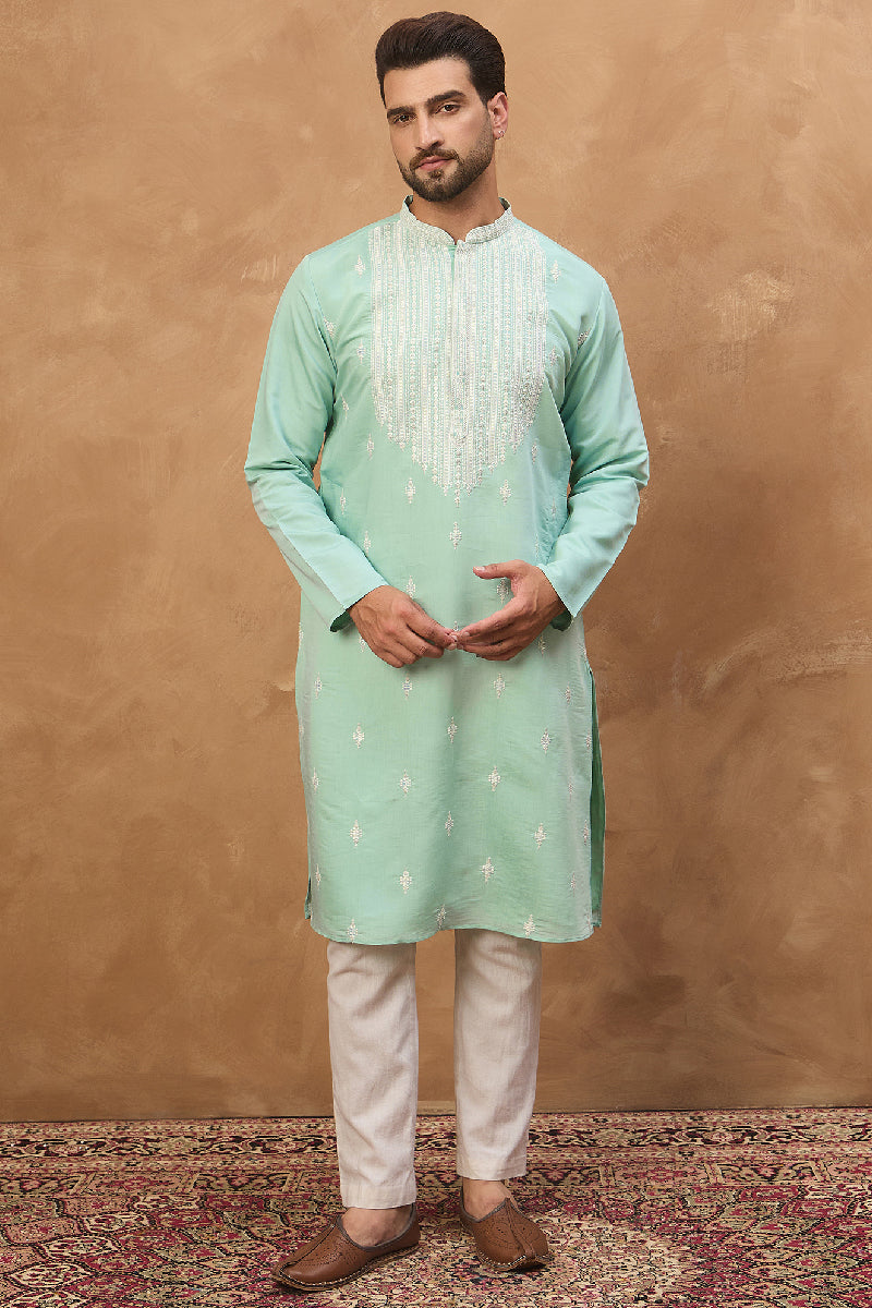 Blue Silk Blend Solid Embroidered Straight Kurta With Pant Set |SHOBITAM