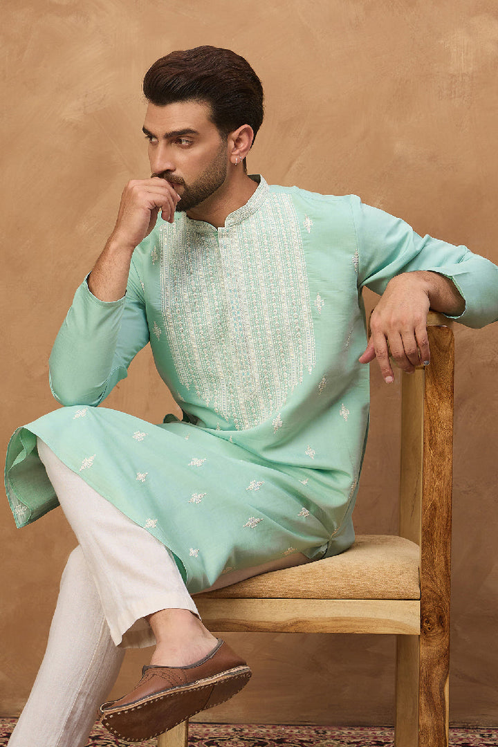 Blue Silk Blend Solid Embroidered Straight Kurta With Pant Set |SHOBITAM