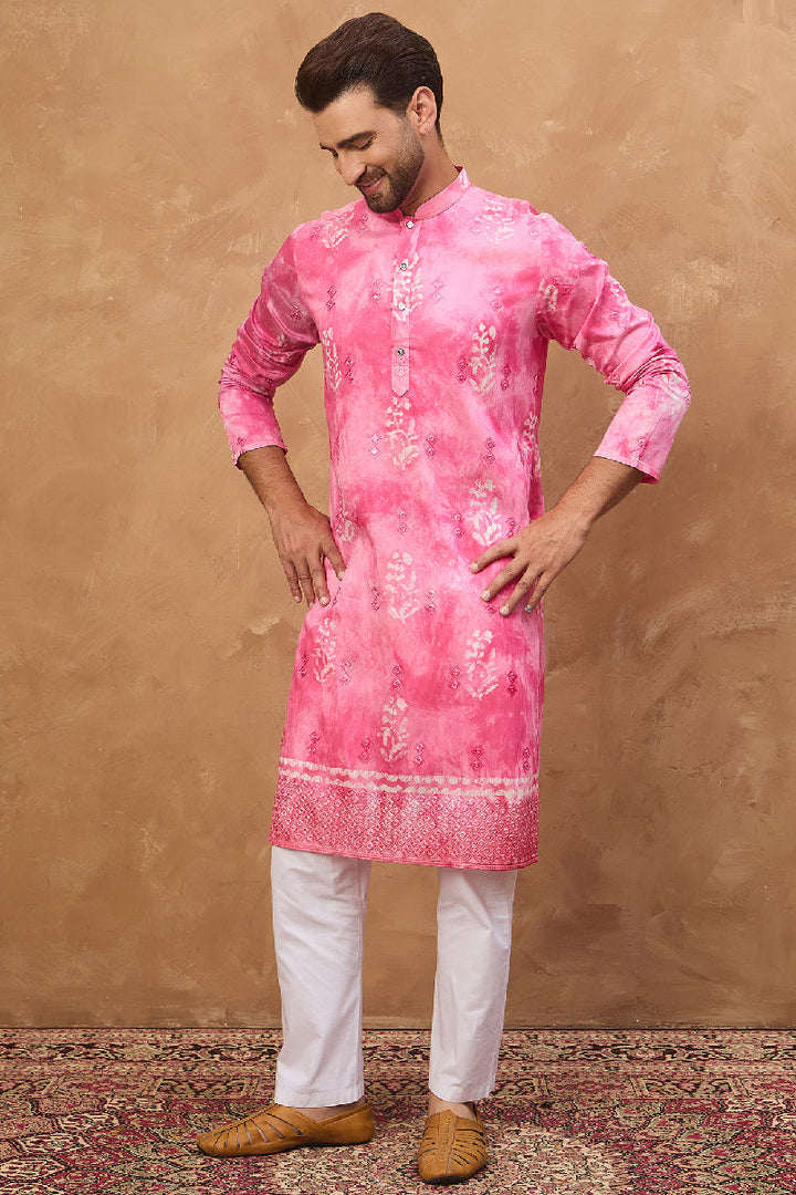 Pink Silk Blend Batik Embroidered Straight Kurta With Pant Set | SHOBITAM