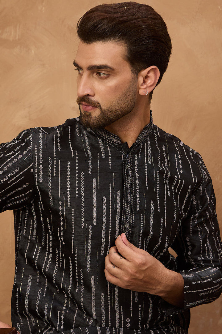 Black Silk Blend Geometric Printed Straight Kurta With Pant Set | SHOBITAM