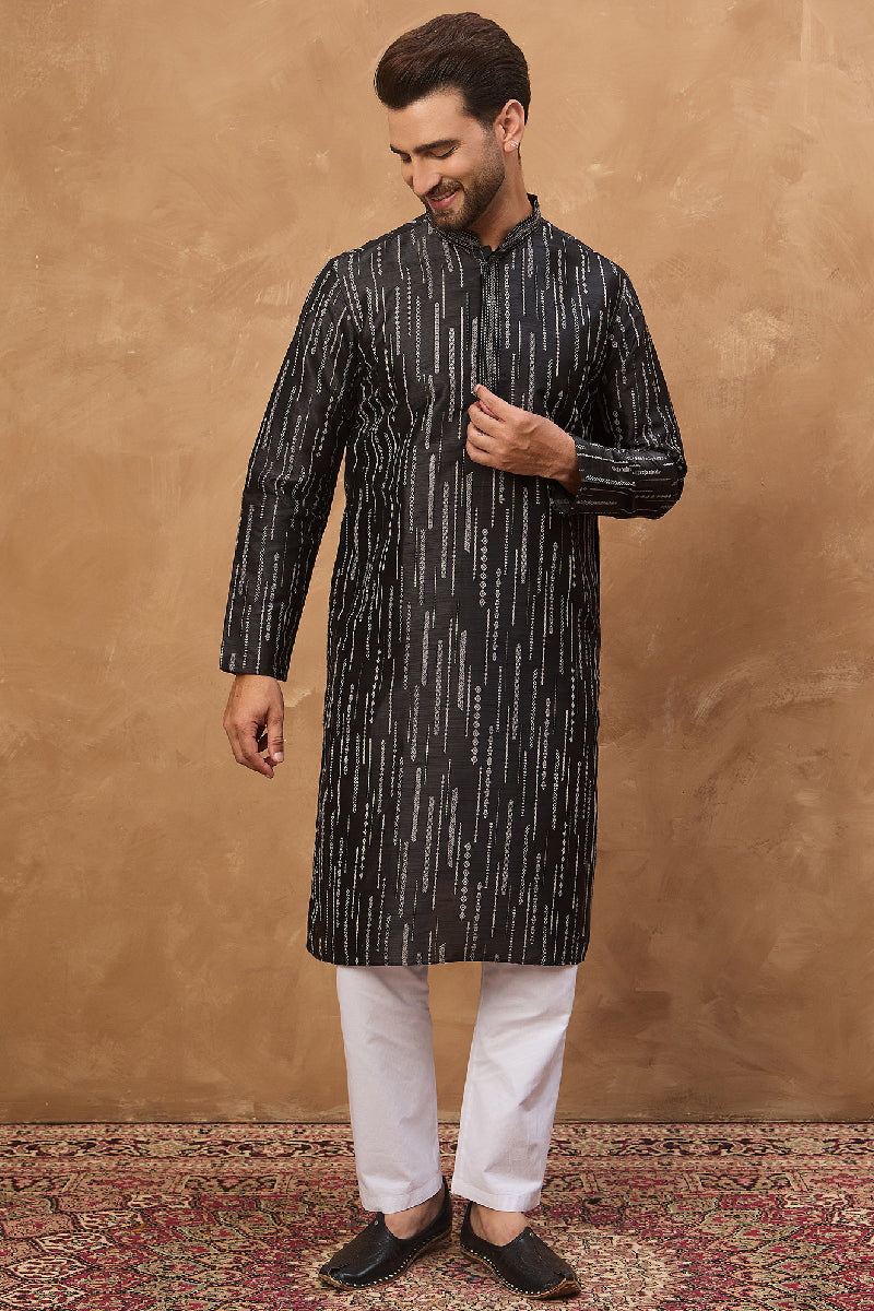 Black Silk Blend Geometric Printed Straight Kurta With Pant Set | SHOBITAM