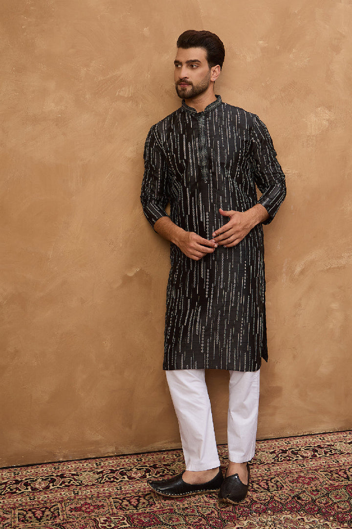 Black Silk Blend Geometric Printed Straight Kurta With Pant Set | SHOBITAM