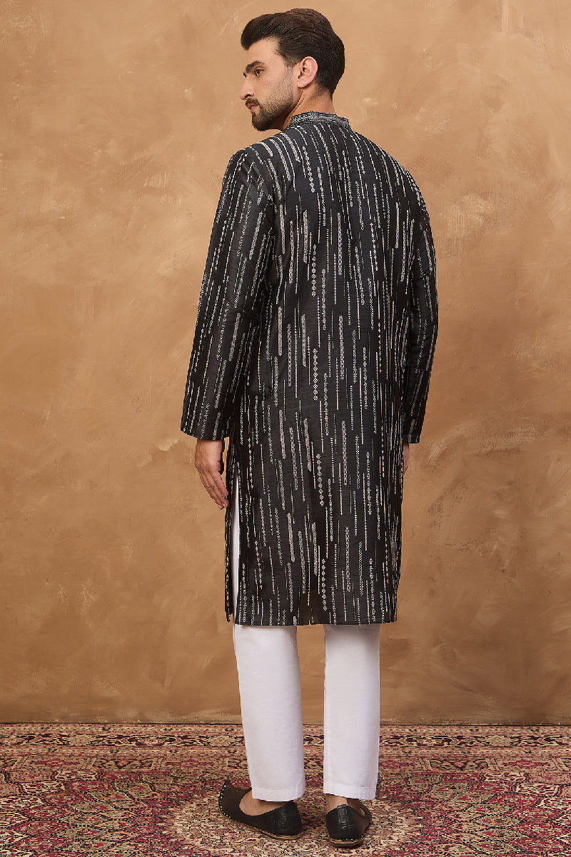 Black Silk Blend Geometric Printed Straight Kurta With Pant Set | SHOBITAM