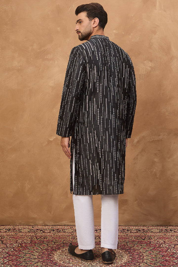 Black Silk Blend Geometric Printed Straight Kurta With Pant Set | SHOBITAM