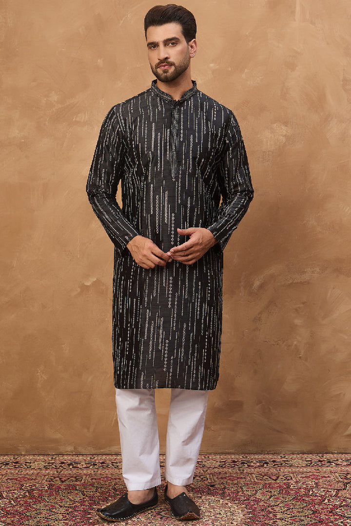 Black Silk Blend Geometric Printed Straight Kurta With Pant Set | SHOBITAM