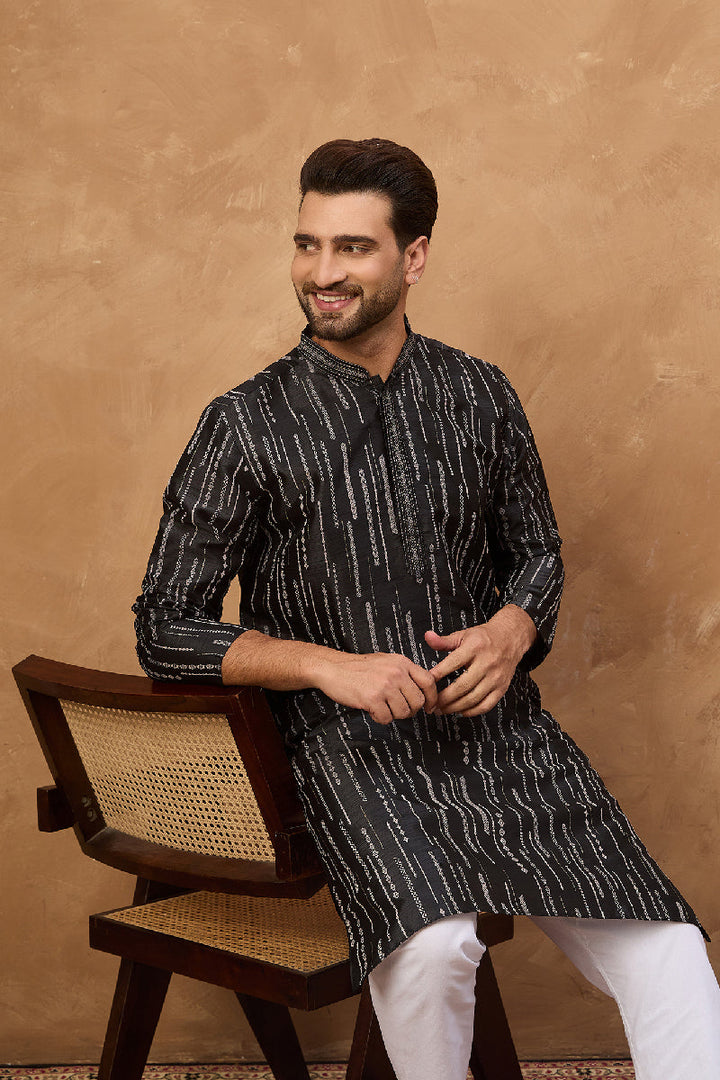 Black Silk Blend Geometric Printed Straight Kurta With Pant Set | SHOBITAM