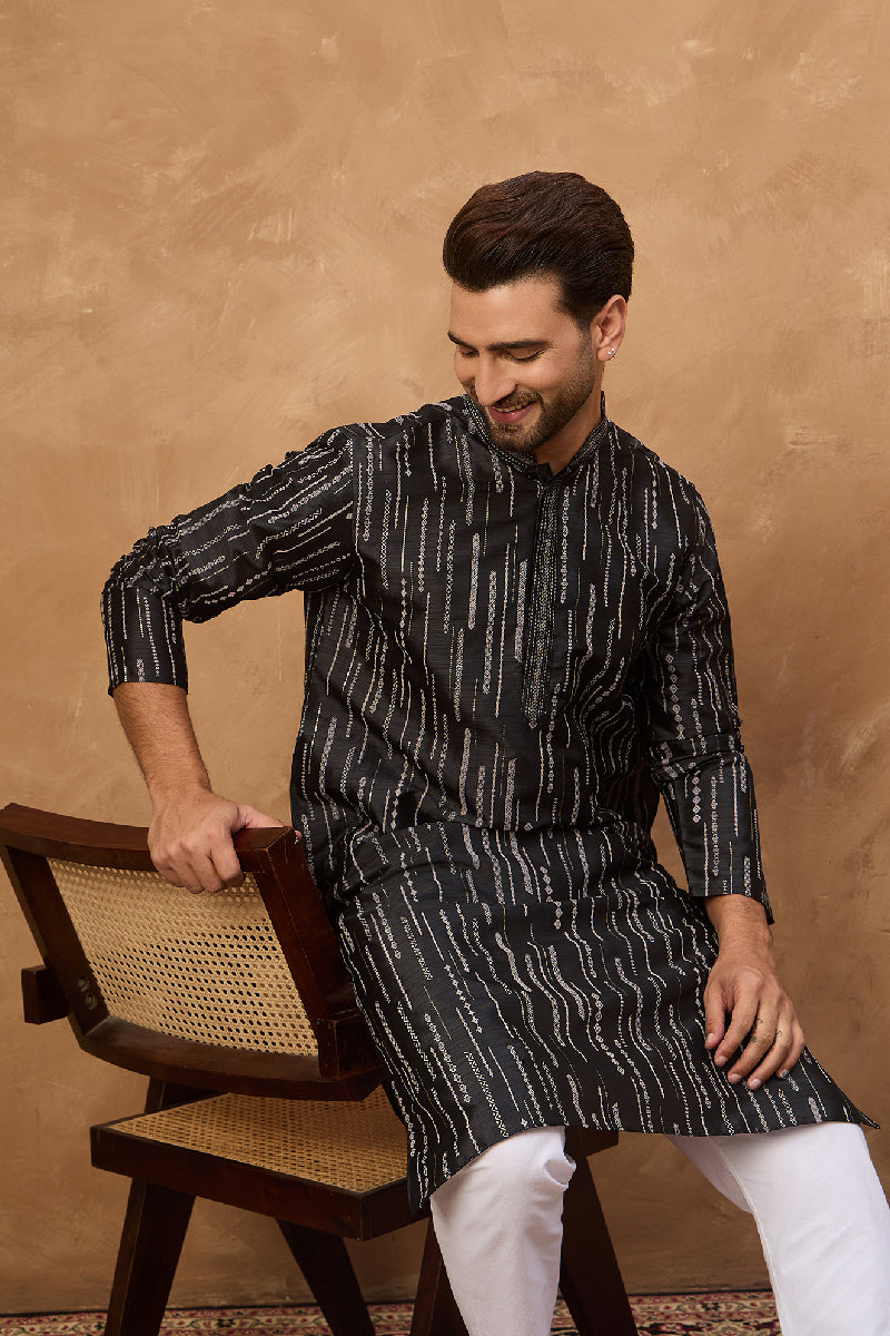 Black Silk Blend Geometric Printed Straight Kurta With Pant Set | SHOBITAM